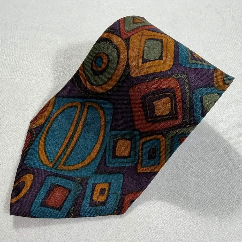 Vintage Monsieur Givenchy Silk Necktie Geometric Abstract Teal Purple Orange EUC